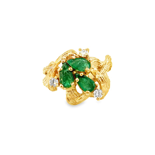 14K Yellow Gold Emerald and Diamond Botanical Motif Ring