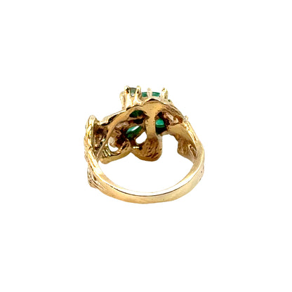 14K Yellow Gold Emerald and Diamond Botanical Motif Ring