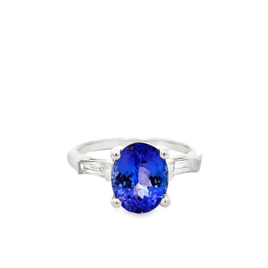 18K White Gold Tanzanite & Diamond Baguette Ring