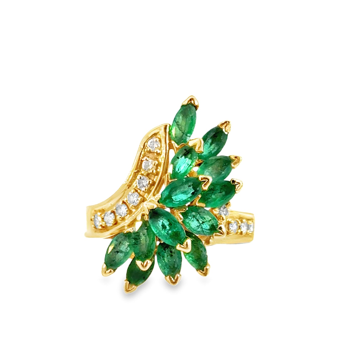 14K Yellow Gold Emerald and Diamond Leaf Cluster Ring