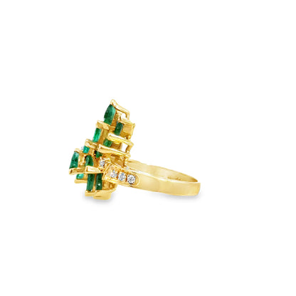 14K Yellow Gold Emerald and Diamond Leaf Cluster Ring