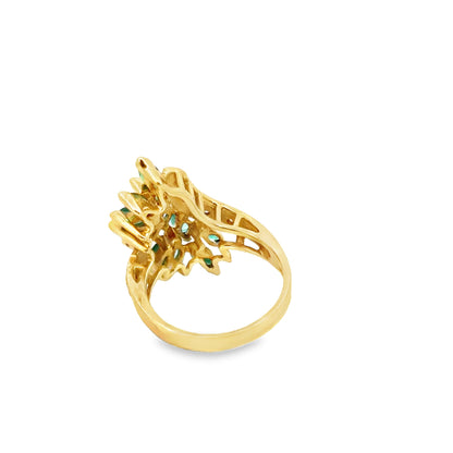 14K Yellow Gold Emerald and Diamond Leaf Cluster Ring