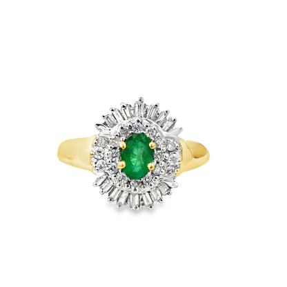 14K Yellow Gold Emerald and Diamond Starburst Ring