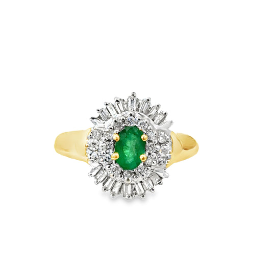 14K Yellow Gold Emerald and Diamond Starburst Ring