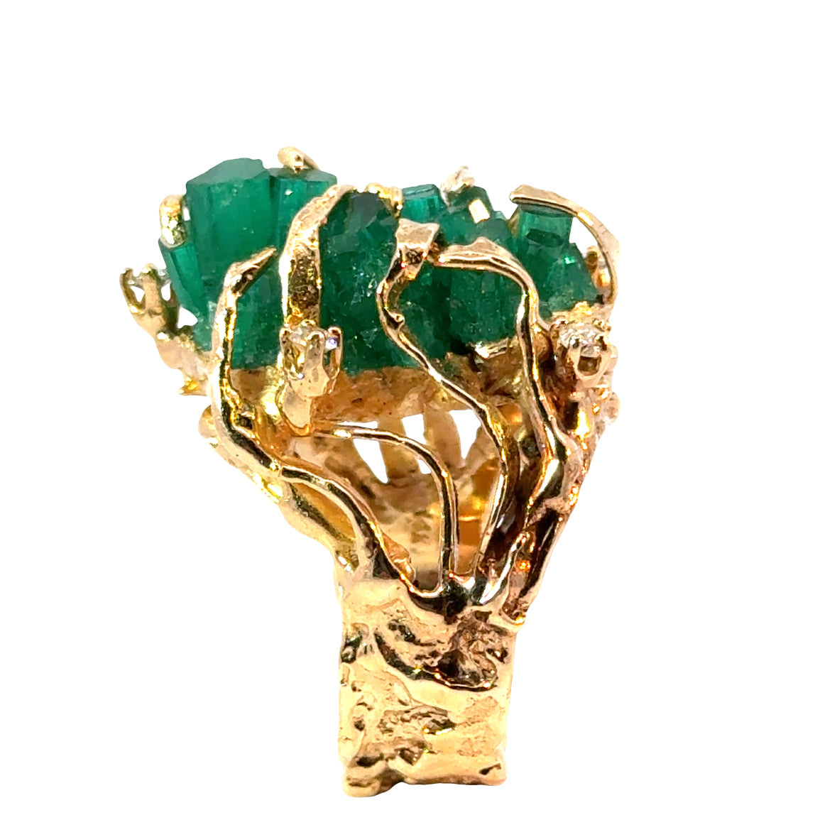 Natural Rough-Cut Emerald Cluster Statement Ring in 14K Gold