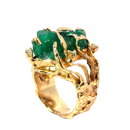 Natural Rough-Cut Emerald Cluster Statement Ring in 14K Gold