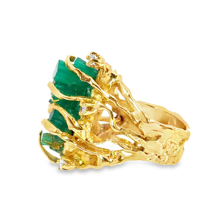 Natural Rough-Cut Emerald Cluster Statement Ring in 14K Gold