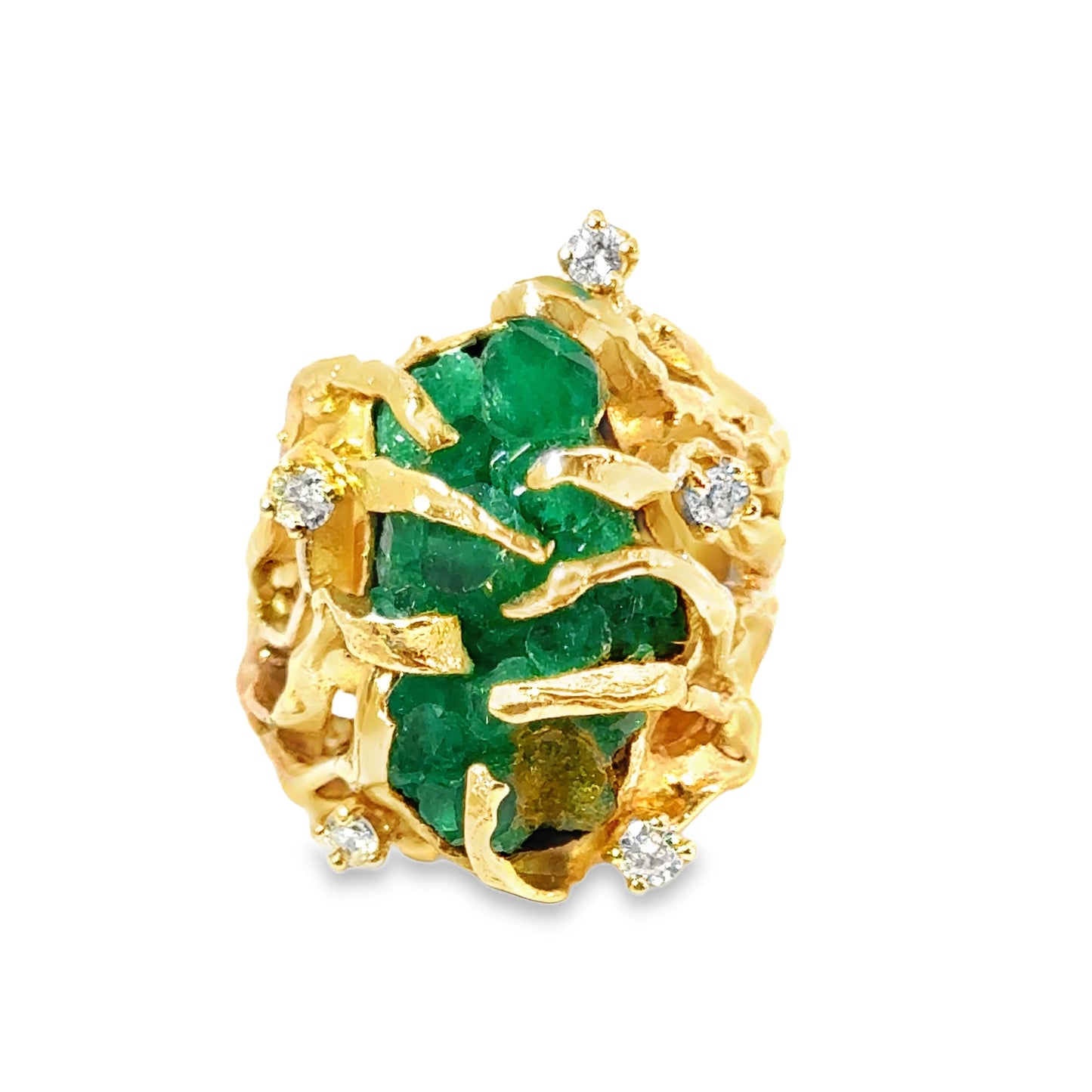 Natural Rough-Cut Emerald Cluster Statement Ring in 14K Gold
