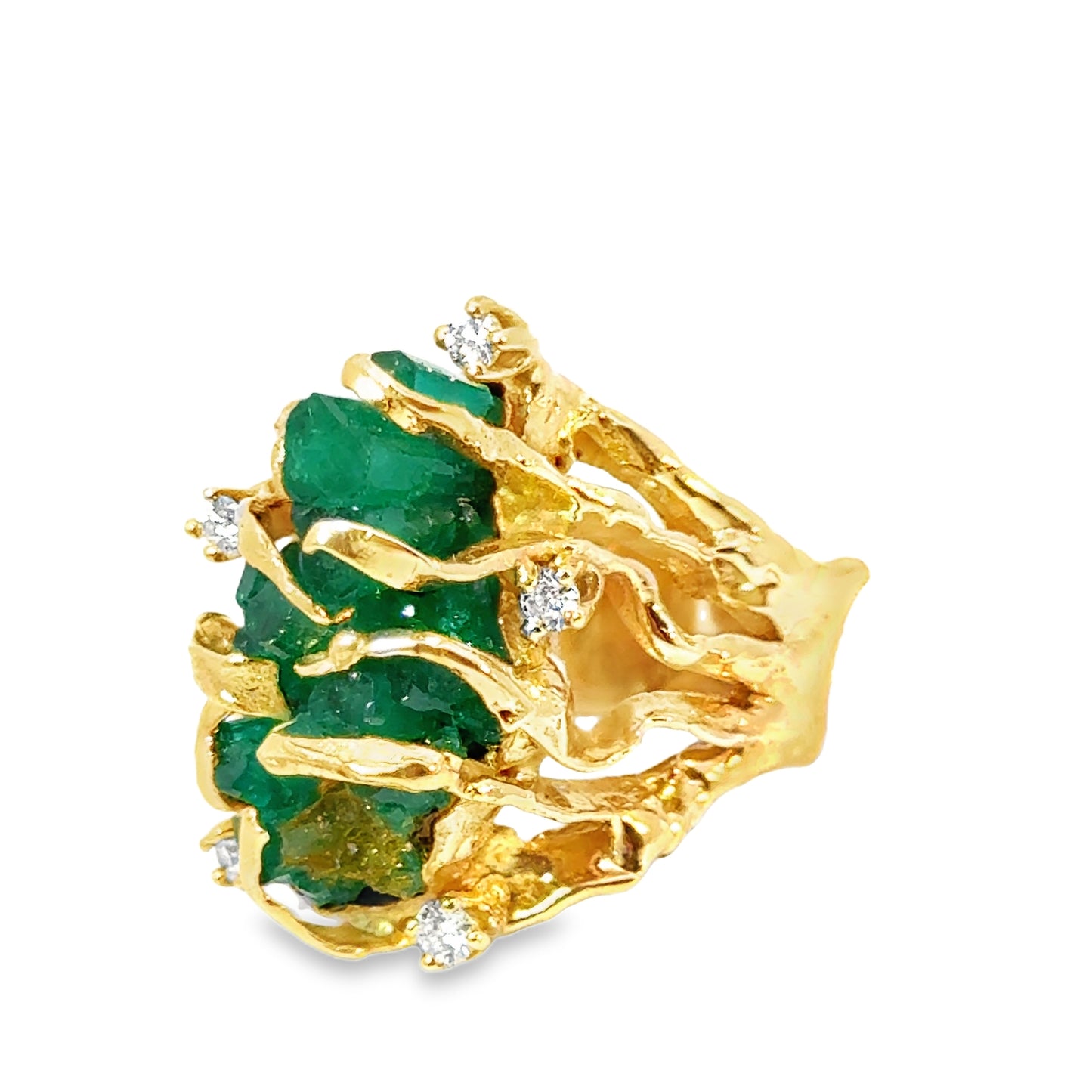 Natural Rough-Cut Emerald Cluster Statement Ring in 14K Gold