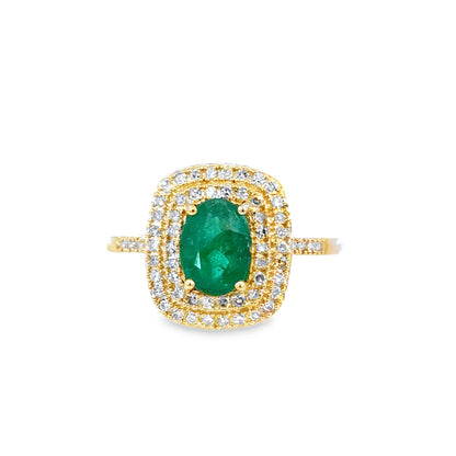 14K Yellow Gold Oval Emerald & Diamond Double Halo Ring