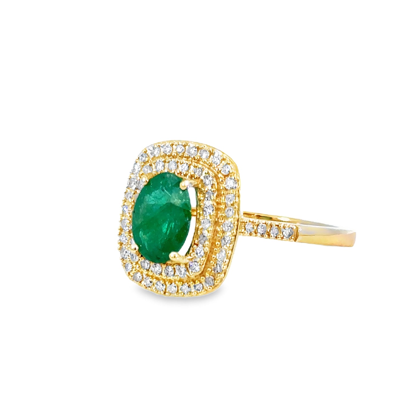 14K Yellow Gold Oval Emerald & Diamond Double Halo Ring