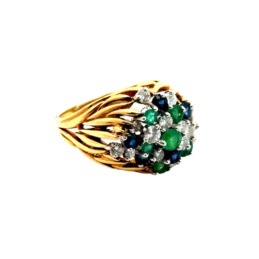 Beautiful Cluster Cocktail Ring In 18K Gold With Emeralds, Sapphires & Diamonds