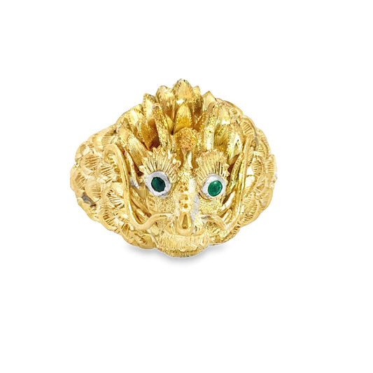 18K Yellow Gold Dragon with Green Emerald Eyes Men’s Ring