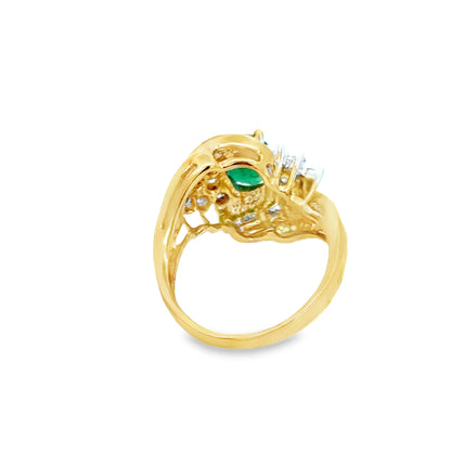 14K Yellow Gold Emerald & Diamond Swirl Ring