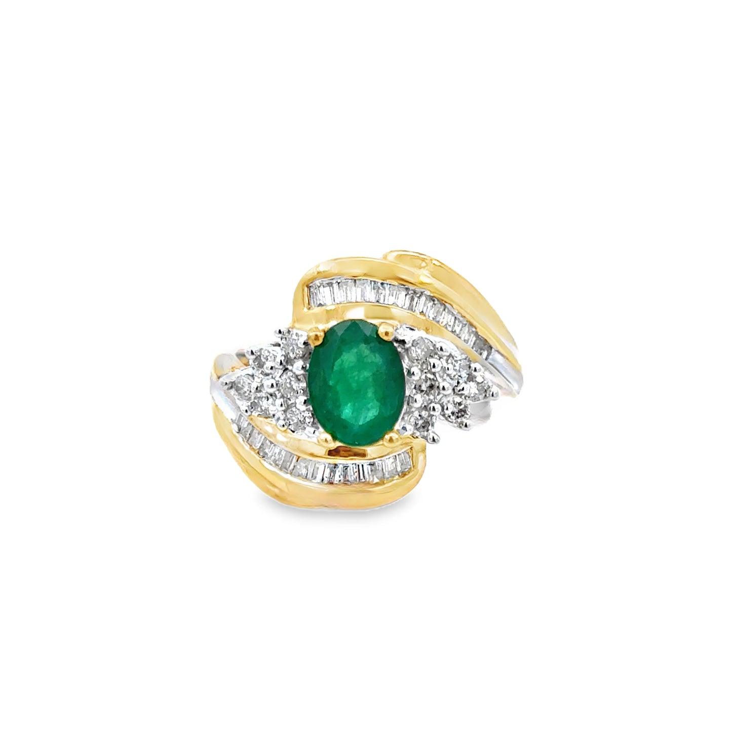 14K Yellow Gold Emerald & Diamond Swirl Ring