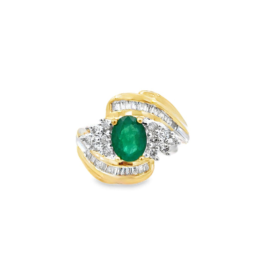14K Yellow Gold Emerald & Diamond Swirl Ring