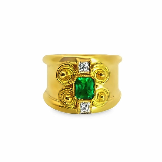 18K Vintage Emerald Band Ring with Diamonds