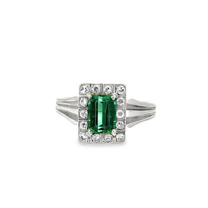 Art Deco Style Emerald & Diamond Ring in 18K White Gold