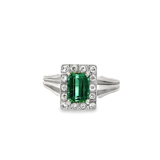 Art Deco Style Emerald & Diamond Ring in 18K White Gold