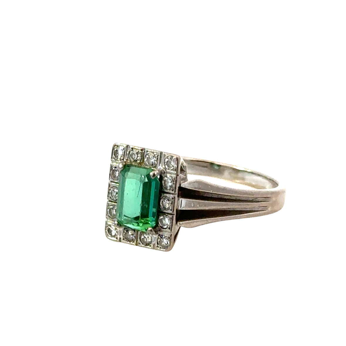 Art Deco Style Emerald & Diamond Ring in 18K White Gold