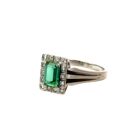 Art Deco Style Emerald & Diamond Ring in 18K White Gold