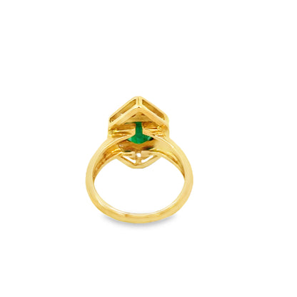 18K Yellow Gold Elegant Geometric Halo Ring with Emerald & Diamonds