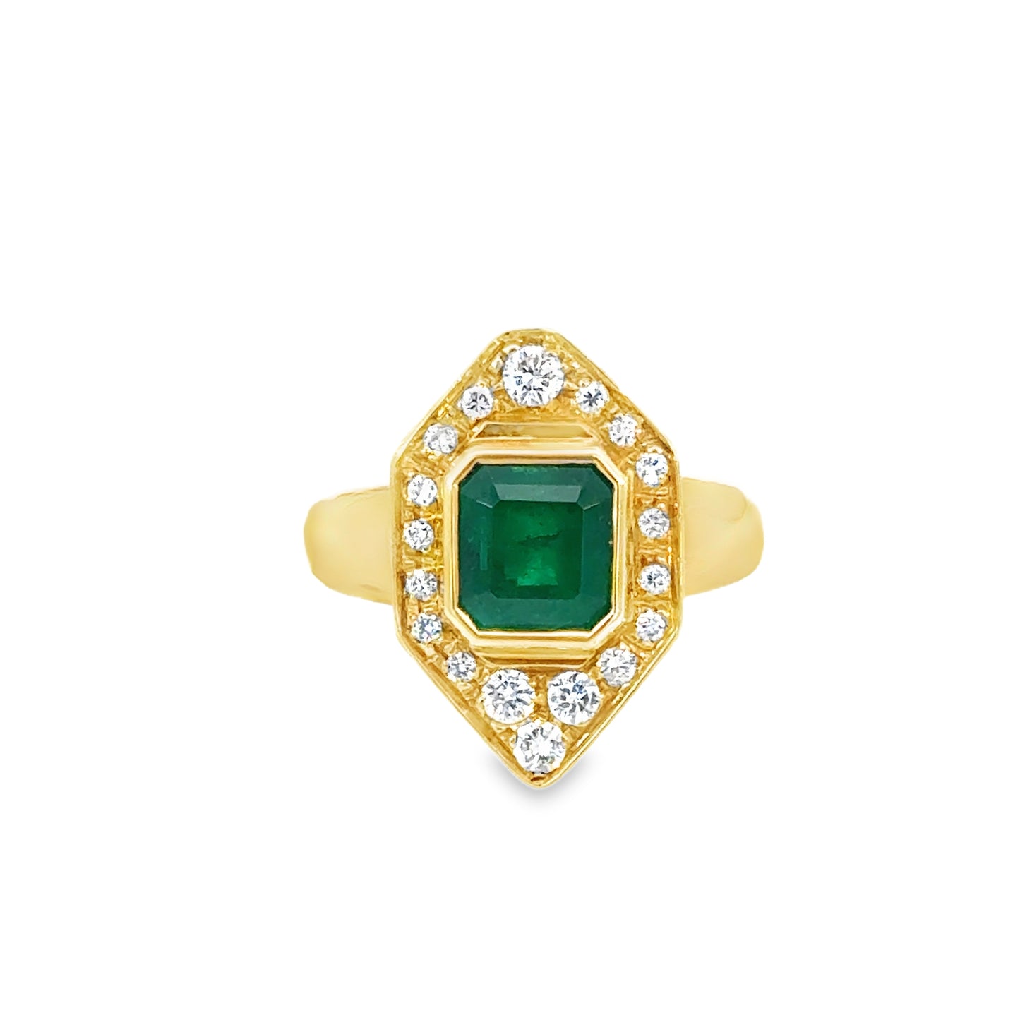 18K Yellow Gold Elegant Geometric Halo Ring with Emerald & Diamonds