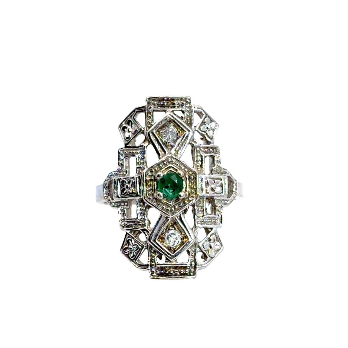 1920s Antique 14K White Gold Emerald & Diamond Filigree Ring