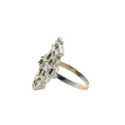 1920s Antique 14K White Gold Emerald & Diamond Filigree Ring