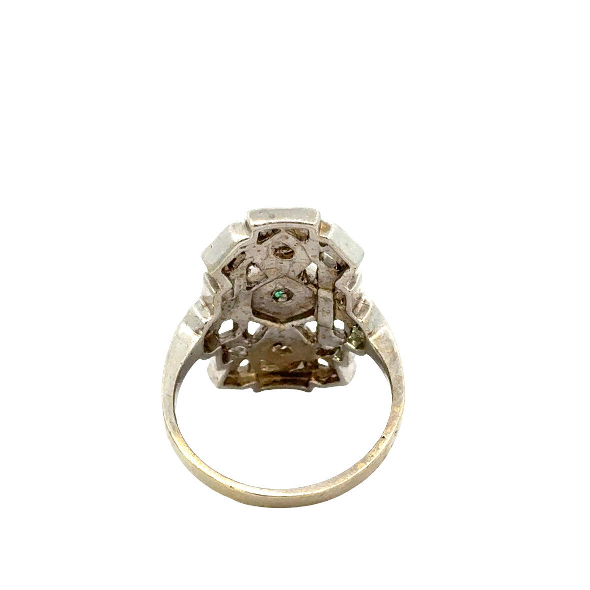 1920s Antique 14K White Gold Emerald & Diamond Filigree Ring