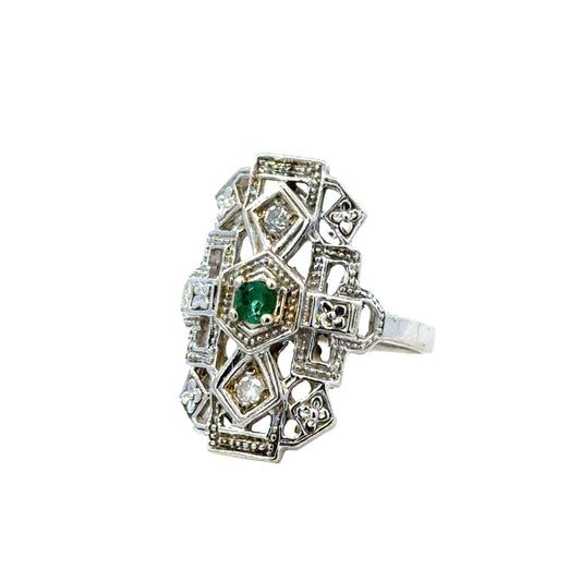 1920s Antique 14K White Gold Emerald & Diamond Filigree Ring