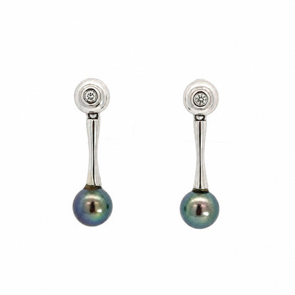 Modern 14K White Gold Black Pearl & Diamond Drop Earrings