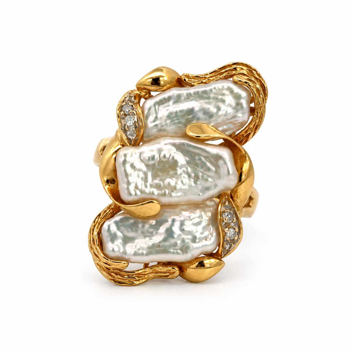 Vintage 14K Yellow Gold Baroque Freshwater Pearl & Diamond Statement Ring