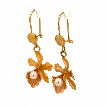 Yellow Gold Flower & Pearl Drop Earrings