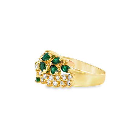 1980’s Emerald and Diamond Ring in 14K Yellow Gold – Leaf Motif Design