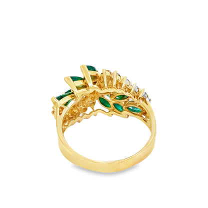 1980’s Emerald and Diamond Ring in 14K Yellow Gold – Leaf Motif Design