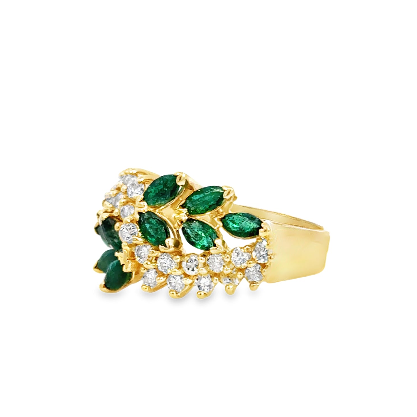 1980’s Emerald and Diamond Ring in 14K Yellow Gold – Leaf Motif Design