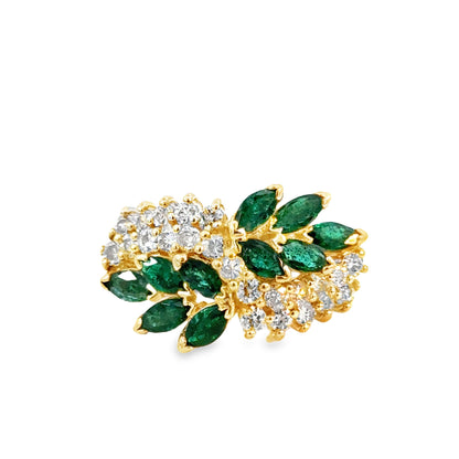 1980’s Emerald and Diamond Ring in 14K Yellow Gold – Leaf Motif Design
