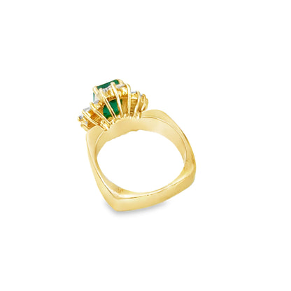 1970s 14K Gold Emerald Ring with Baguette and Round Diamonds
