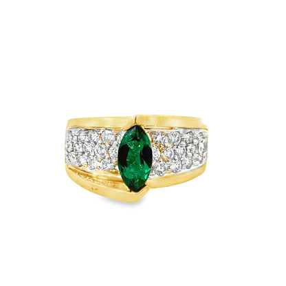 14K Yellow Gold Vintage Marquise Emerald Diamond Ring, Bold 1980s Glamour