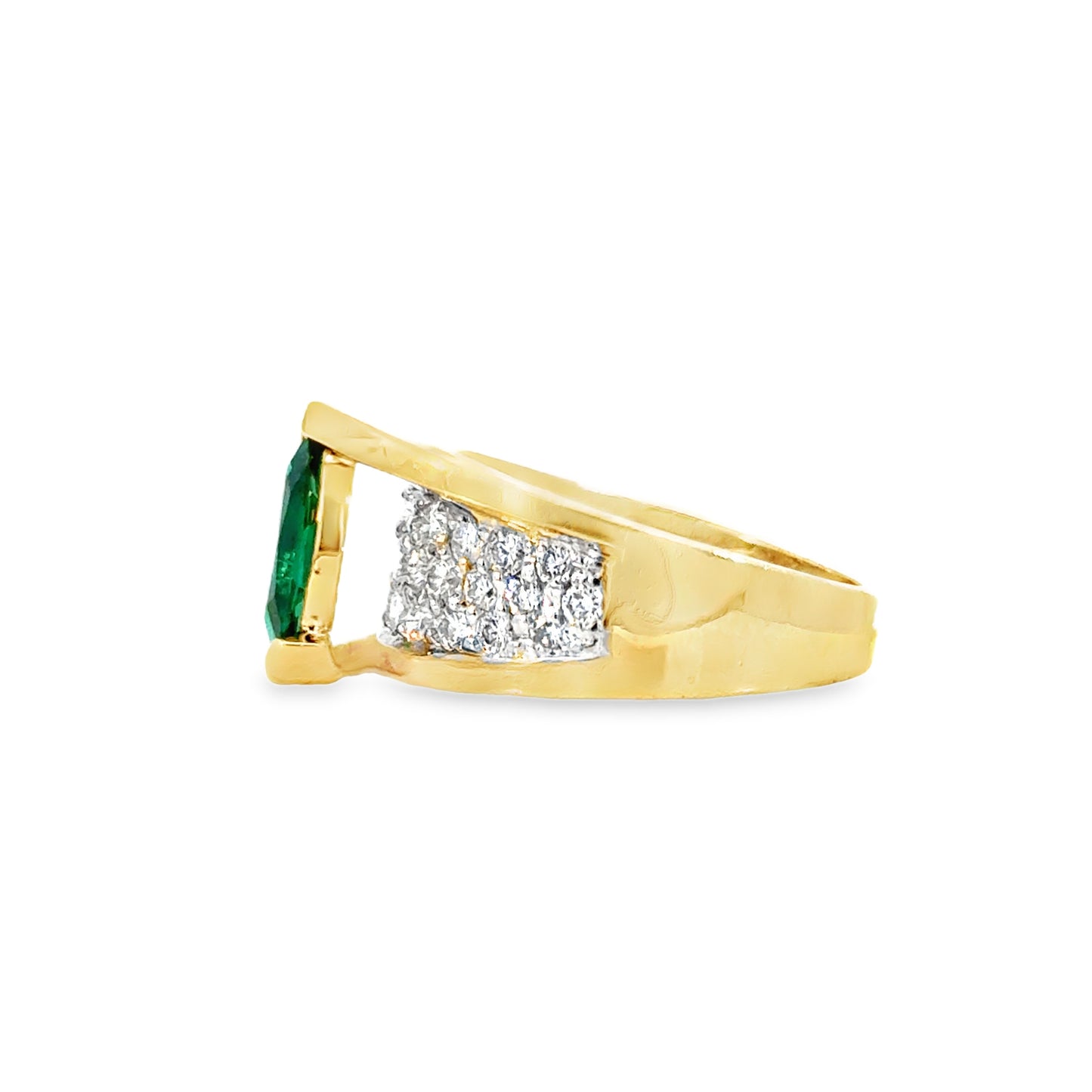 14K Yellow Gold Vintage Marquise Emerald Diamond Ring, Bold 1980s Glamour