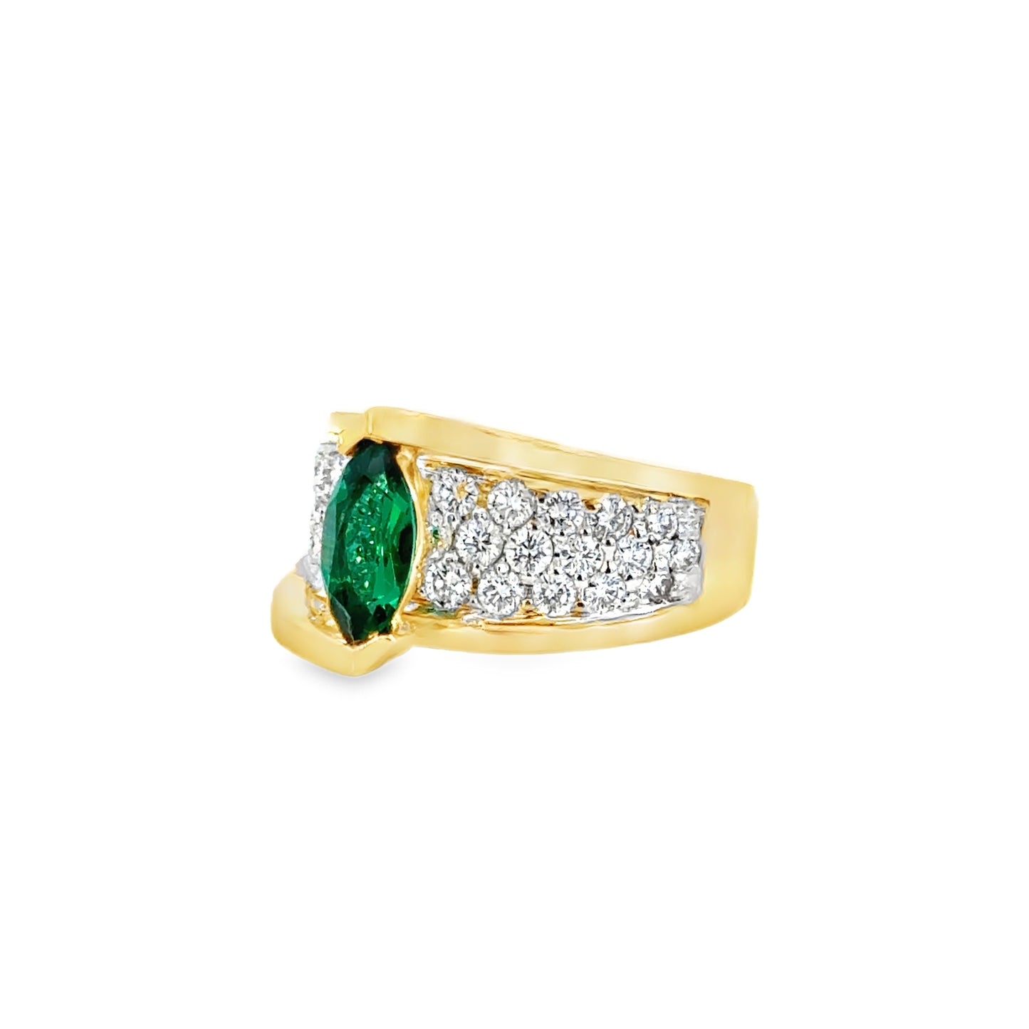 14K Yellow Gold Vintage Marquise Emerald Diamond Ring, Bold 1980s Glamour