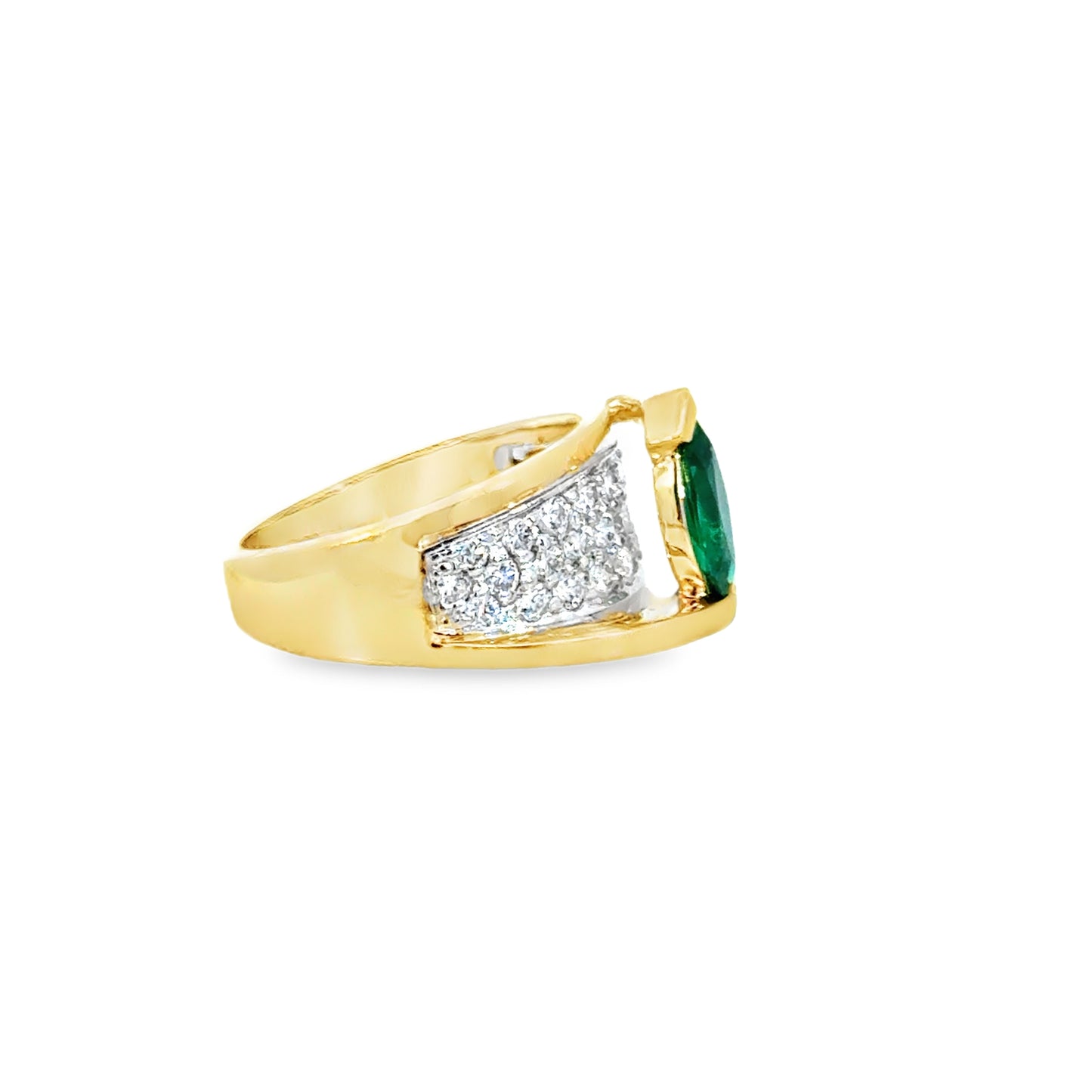 14K Yellow Gold Vintage Marquise Emerald Diamond Ring, Bold 1980s Glamour