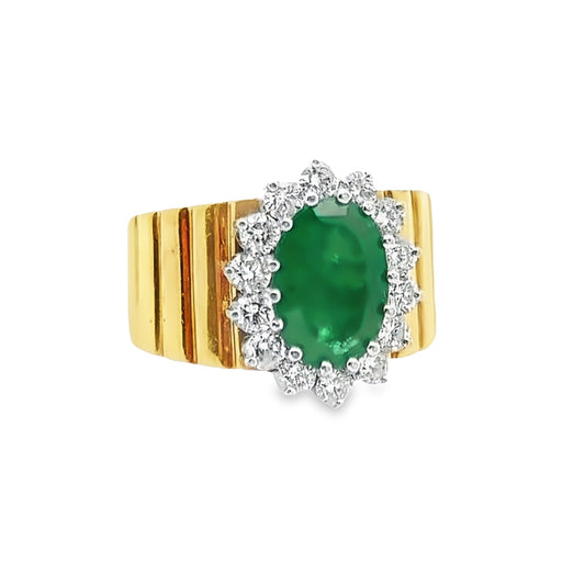 Estate 18K Yellow Gold Natural Oval Emerald & Diamond Halo Cocktail Ring