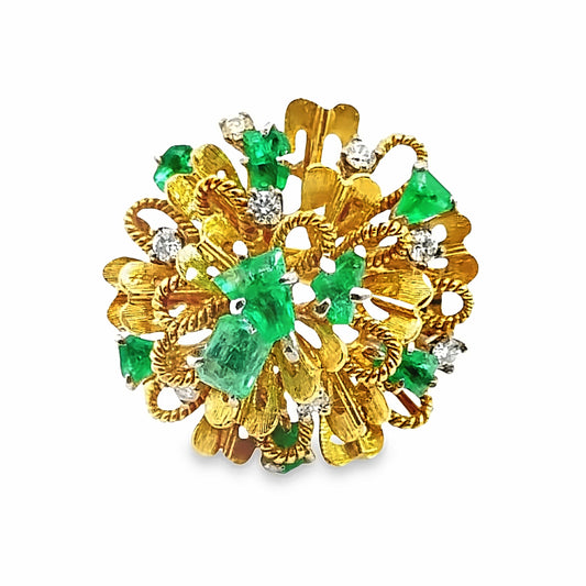 Vintage 18K Floral Cluster Diamond & Emerald Cocktail Ring