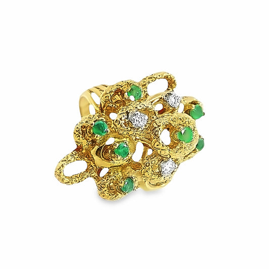 Lustrous 18K Gold Ring with Sparkling Green Emeralds and Diamonds