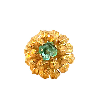 18K Yellow Gold Emerald Zinnia Ring – Textured Floral Design, Vintage Charm