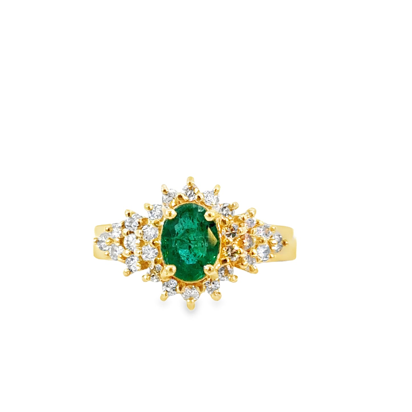 14K Yellow Gold Classic Oval Emerald Ring with Diamond Halo and Side Clusters