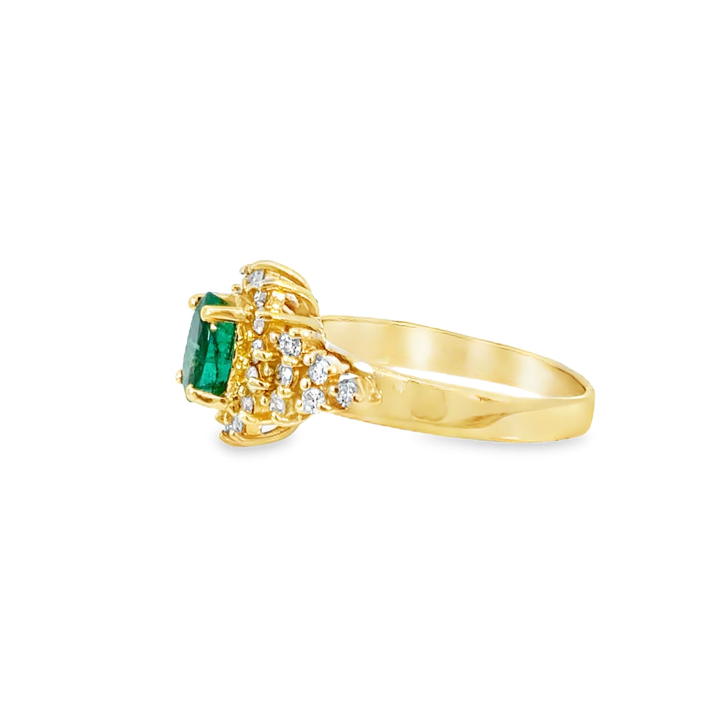 14K Yellow Gold Classic Oval Emerald Ring with Diamond Halo and Side Clusters