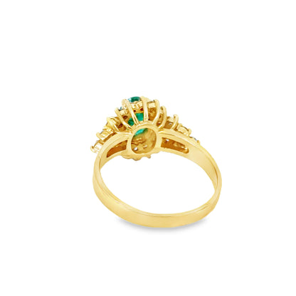 14K Yellow Gold Classic Oval Emerald Ring with Diamond Halo and Side Clusters